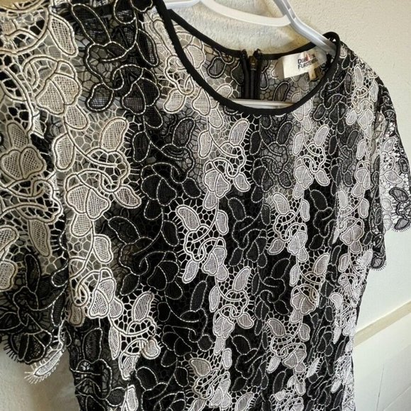 Diane Von Furstenberg‎ Black White Lace Midi Floral Lace Scalloped Dress Size 4 - Picture 2 of 9